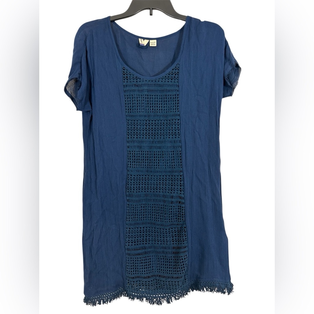 Roxy Navy Blue Crochet Detail Shift Dress Size XS Short Sleeve Cotton Lined